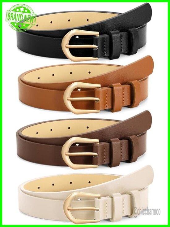4 Pack Womens Thin Faux Leather Belt Skinny Waist Belts with Gold Buckle main image 5